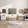 Modern Bathroom Interior With Double Sinks Washing Machines Round Mirror And Wooden Floor