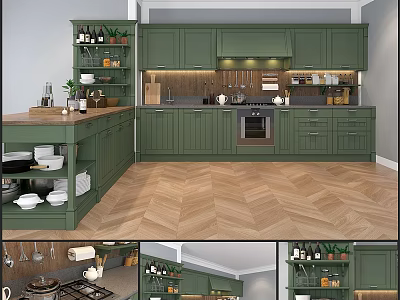 Green Kitchen Cabinets In Modern Open Kitchen With Island Herringbone Wood Flooring And Decor 3d model