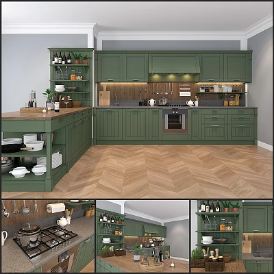 Green Kitchen Cabinets In Modern Open Kitchen With Island Herringbone Wood Flooring And Decor 3d model