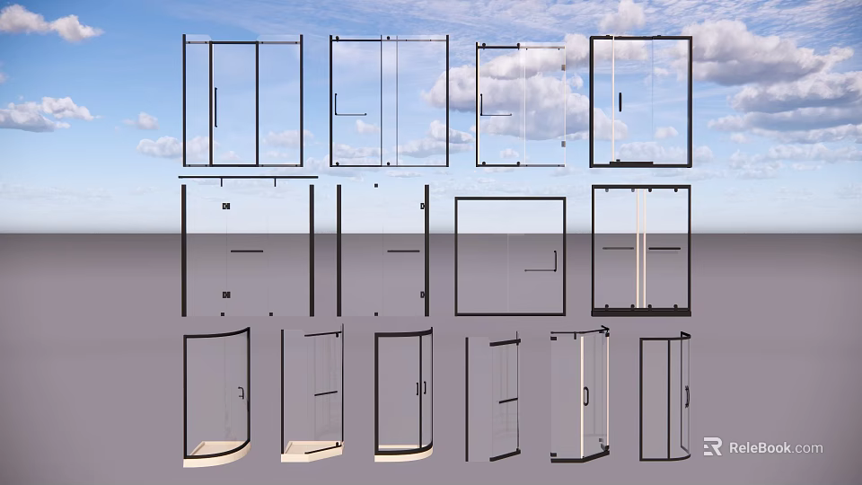 Transparent Glass Doors in Various Styles Against Blue Sky Background 3d model 