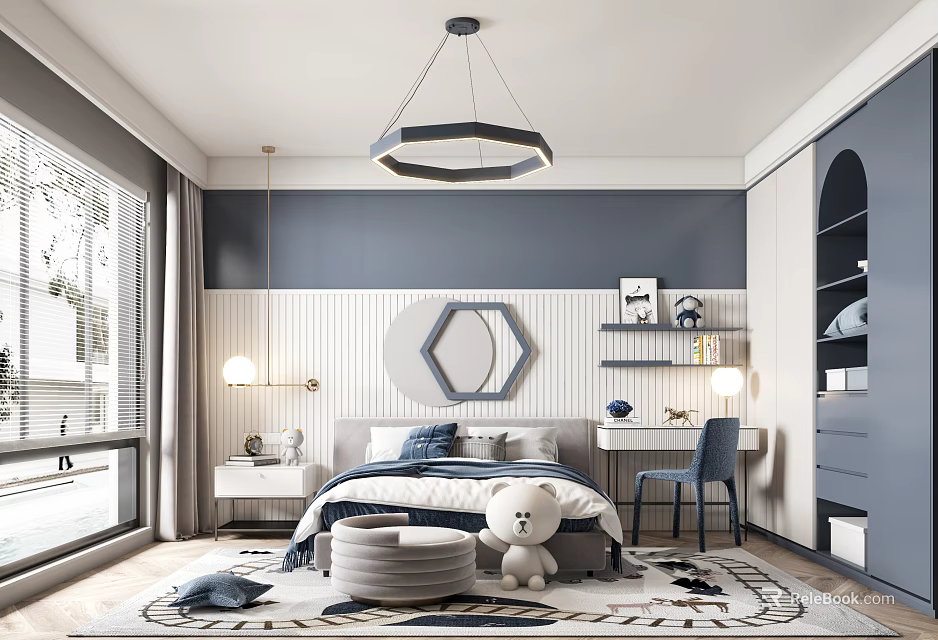 Blue Gray Kids Room With Bed Desk Chair Chandelier Stuffed Toy Rug And Hexagon Decor 3d model 