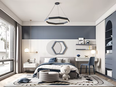 Blue Gray Kids Room With Bed Desk Chair Chandelier Stuffed Toy Rug And Hexagon Decor 3d model