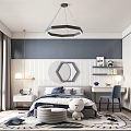 Blue Gray Kids Room With Bed Desk Chair Chandelier Stuffed Toy Rug And Hexagon Decor