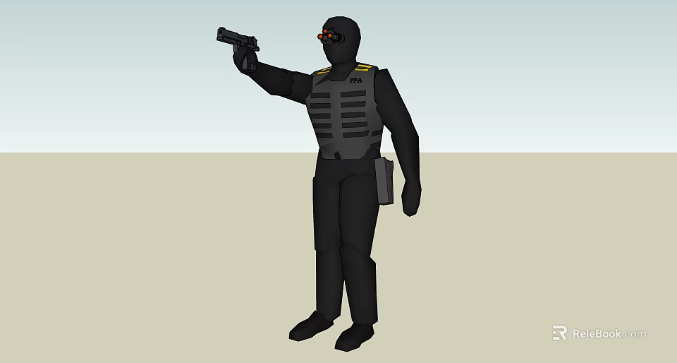 Tactical Game Character in Black Outfit with Goggles and Tactical Vest Holding Gun 3d model 