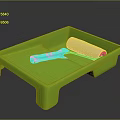 Green Paint Tray With Roller And Blue Handle Scraper For Home Painting