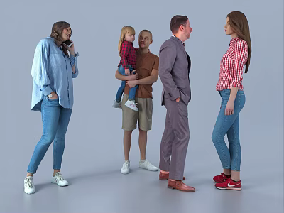 Group of people with adults children different genders various clothing styles standing against gray background 3d model