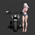 White Cruiser Motorcycle With Pink Haired Woman In Blue Shorts Standing