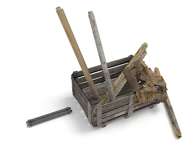 Rustic Wooden Storage Basket With Wooden Sticks Broken Wood Pieces And Metal Bolt 3d model