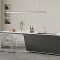Modern Minimalist Kitchen Island Dining Table With Bar Stools Fruits Plant Wine Glasses And Bottles