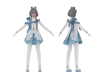 3D Anime Female Character In Blue White Outfit With Cute Animal Companion 3d model