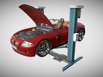 Red Convertible Car With Open Hood Elevated On Hydraulic Car Lift 3d model