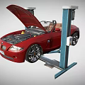 Red Convertible Car With Open Hood Elevated On Hydraulic Car Lift