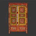 Chinese Traditional Red Wardrobe With Colorful Decorative Patterns And Open Drawer