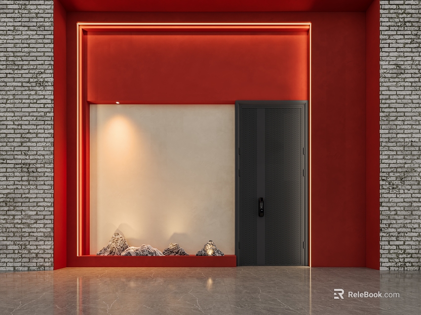 Red Storefront Entrance With Neon Light Frame Brick Wall Black Door And Stone Decorations 3d model 