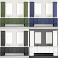 Modern Bathroom Mirror With Double Sinks Green Cabinets And Gold Faucets On White Countertop