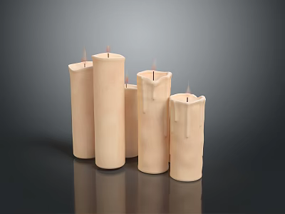 Beige Cylindrical Decorative Candles With Wax Drips On Dark Surface 3d model