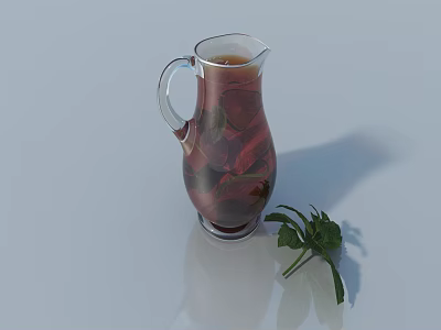 Transparent Glass Teapot With Fruit Infused Tea And Fresh Green Leaves 3d model
