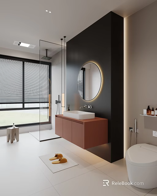 Modern Bathroom Interior Design Featuring Round Mirror Wooden Vanity Glass Shower And Window Blinds 3d model 