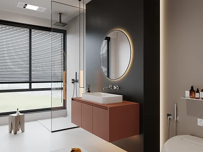 Modern Bathroom Interior Design Featuring Round Mirror Wooden Vanity Glass Shower And Window Blinds 3d model