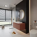 Modern Bathroom Interior Design Featuring Round Mirror Wooden Vanity Glass Shower And Window Blinds