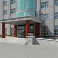 Gray Building Exterior Wall With Glass Curtain Wall Red Entrance Canopy Steps And Flower Pots