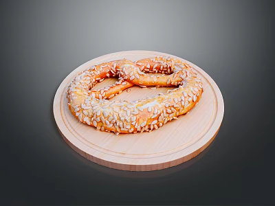 Freshly Baked Soft Pretzel Topped With Sesame Seeds On Wooden Plate 3d model