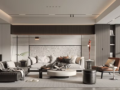 Modern Living Room Interior Design With Sofa Round Coffee Table And Textured Accent Wall 3d model