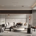 Modern Living Room Interior Design With Sofa Round Coffee Table And Textured Accent Wall
