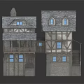Medieval Style Buildings With Wooden Frames Gray Roofs Blue Windows And Balconies
