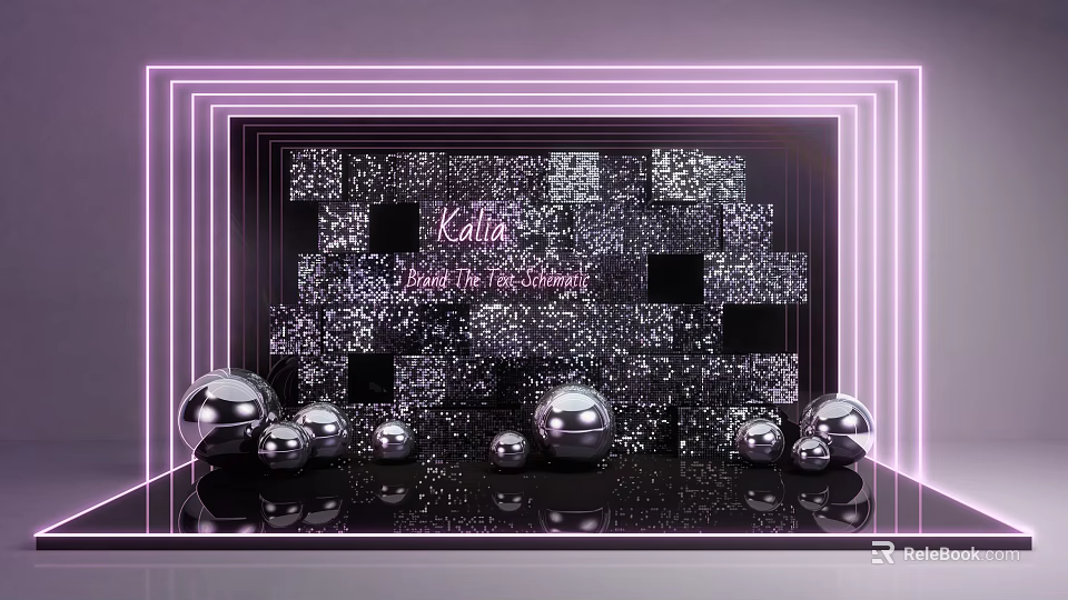 Stylish Photo Check In Spot With Purple Neon Frames Glitter Wall And Silver Metallic Balls 3d model 