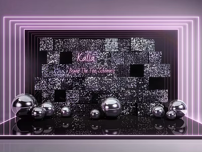 Stylish Photo Check In Spot With Purple Neon Frames Glitter Wall And Silver Metallic Balls 3d model