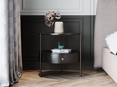 Modern Black Bedside Table With Round Top Drawer Decorative Vase Books And Blue Ornament 3d model