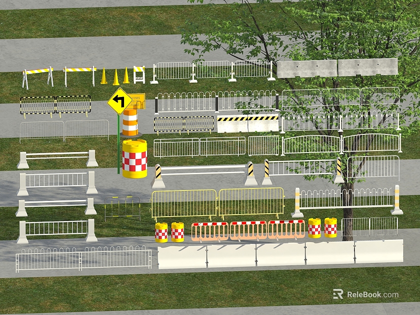 Different Types of Road Railings with Safety Barrels and Arrow Signs Near Grass and Tree 3d model 