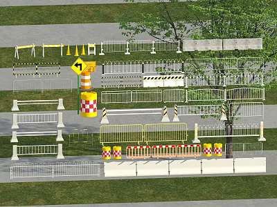 Different Types of Road Railings with Safety Barrels and Arrow Signs Near Grass and Tree 3d model
