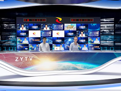 ZYTV News Studio Broadcast Setup With Presenters And Multiple Screens Showing News Content 3d model