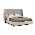Modern Double Bed With Upholstered Headboard Brown Bedspread Wooden Nightstands Lamps Wall Art Pendant Lights