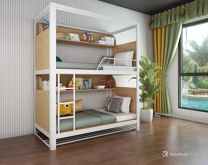 Bunk Bed with Bookshelf Storage in Bedroom with Wooden Floor Green Curtains and Plant 3d model 