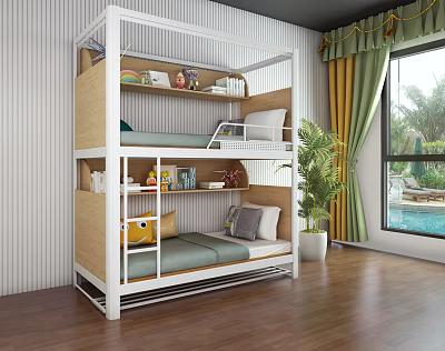 Bunk Bed with Bookshelf Storage in Bedroom with Wooden Floor Green Curtains and Plant 3d model