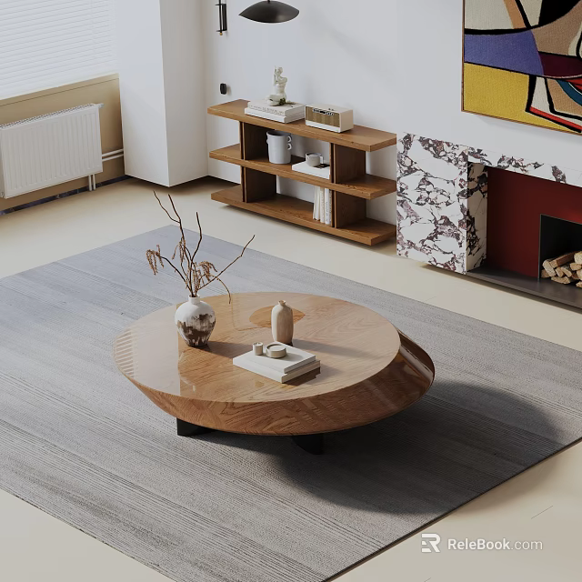 Modern Sofa and Wooden Round Coffee Table Set With Grey Carpet and Decorative Items 3d model 