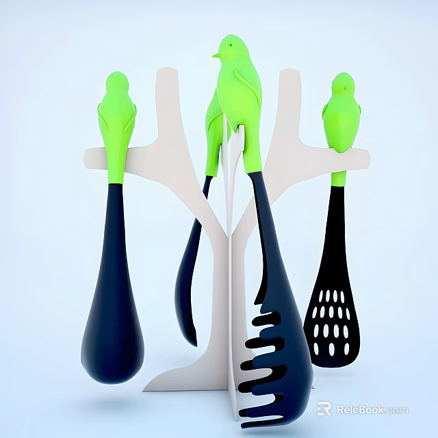 Bird Shaped Green And Black Kitchen Utensils On Tree Design Stand 3d model 
