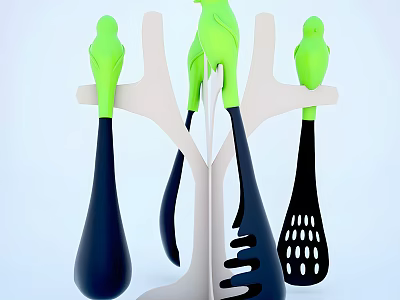 Bird Shaped Green And Black Kitchen Utensils On Tree Design Stand 3d model