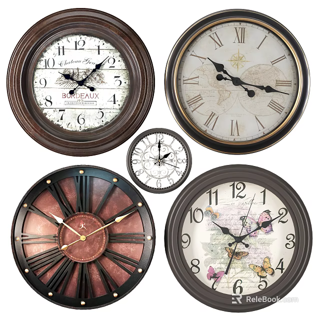 Assorted Wall Clocks With Classic Roman Numerals and Decorative Butterfly Patterns 3d model
