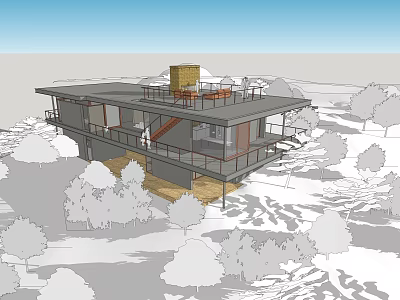 Modern Detached House with Rooftop Terrace Staircase and Tree Surrounded Outdoor Space 3d model