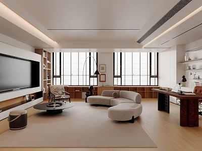 Modern Living Room Interior With Large Windows TV Wall Beige Sofa Wooden Flooring And Coffee Table 3d model