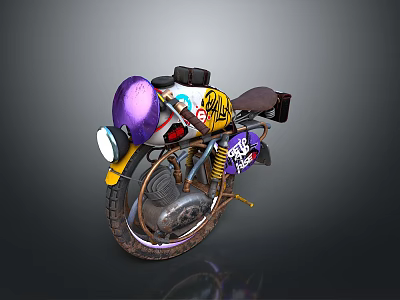 Vintage Design Motorcycle With Purple Headlight Shell Yellow Body Panels Sticker Art And Brown Leather Seat 3d model