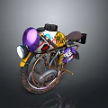 Vintage Design Motorcycle With Purple Headlight Shell Yellow Body Panels Sticker Art And Brown Leather Seat