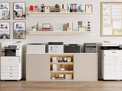 Modern Office Bookcase With Trophies Books Decorations And Printers In Workspace 3d model