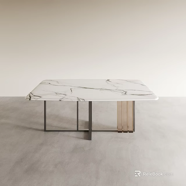 White Marble Dining Table with Veined Top and Metal Legs in Modern Design 3d model 