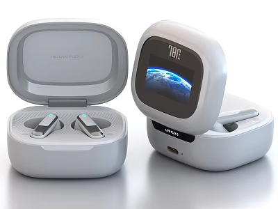 White Wireless Earbuds With Digital Screen Charging Case And Earth Time 3d model