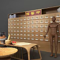 Traditional Chinese Medicine Storage Cabinet with Drawers Labels and Wood Table Clay Pots Acupuncture Model